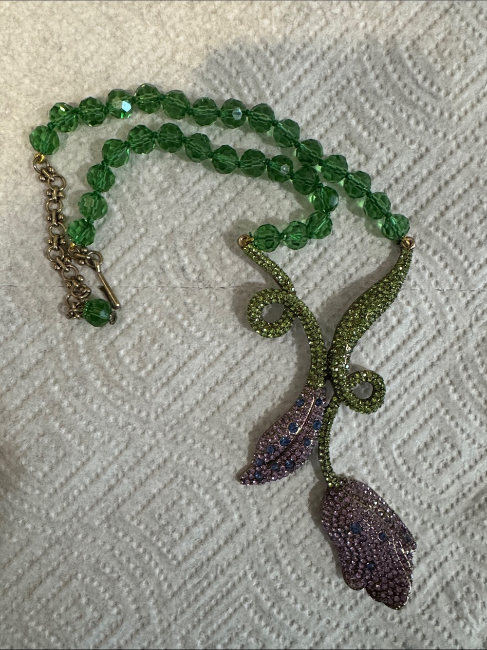 Green Crystal Bead Necklace with Green and Purple tulip flower Pendant